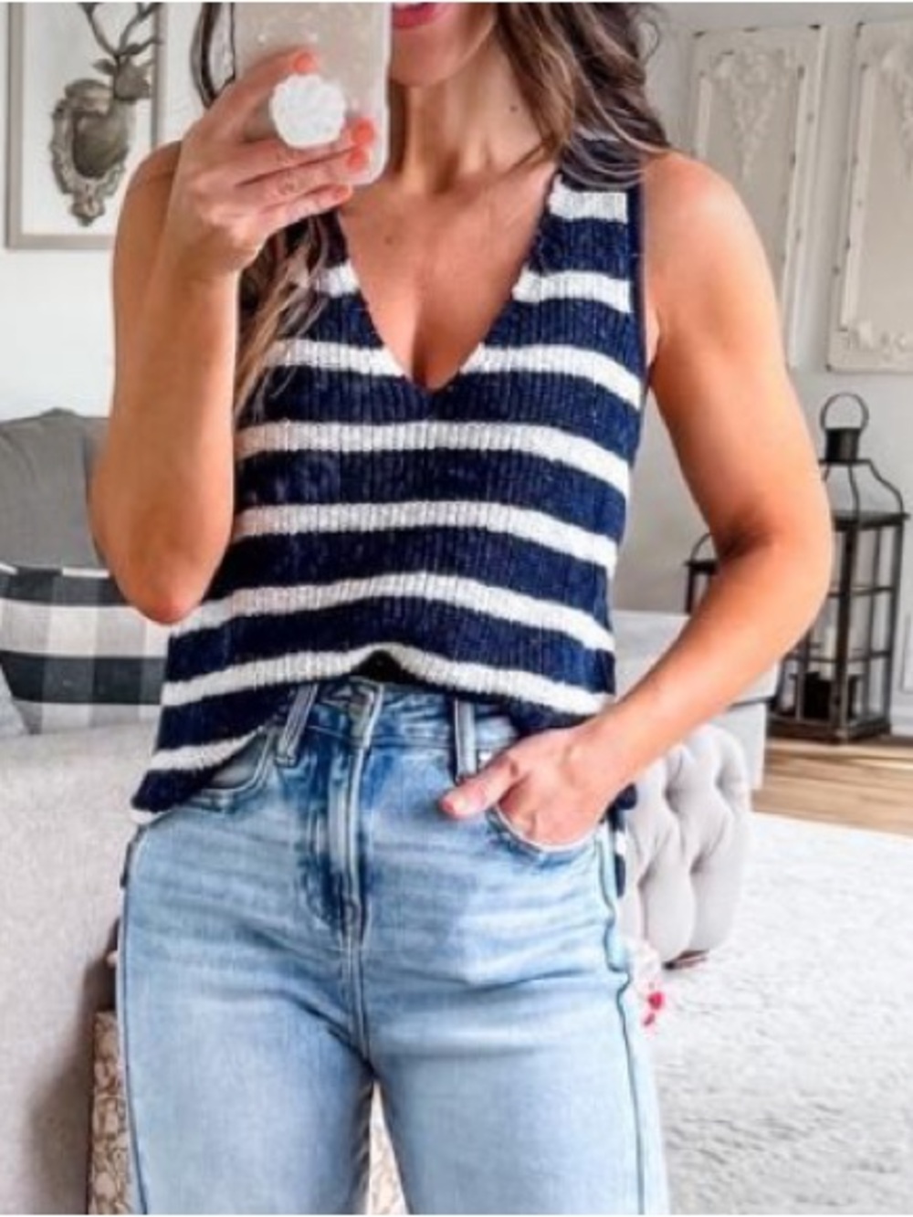 By Together Navy and White Striped V-Neck Tank🚌